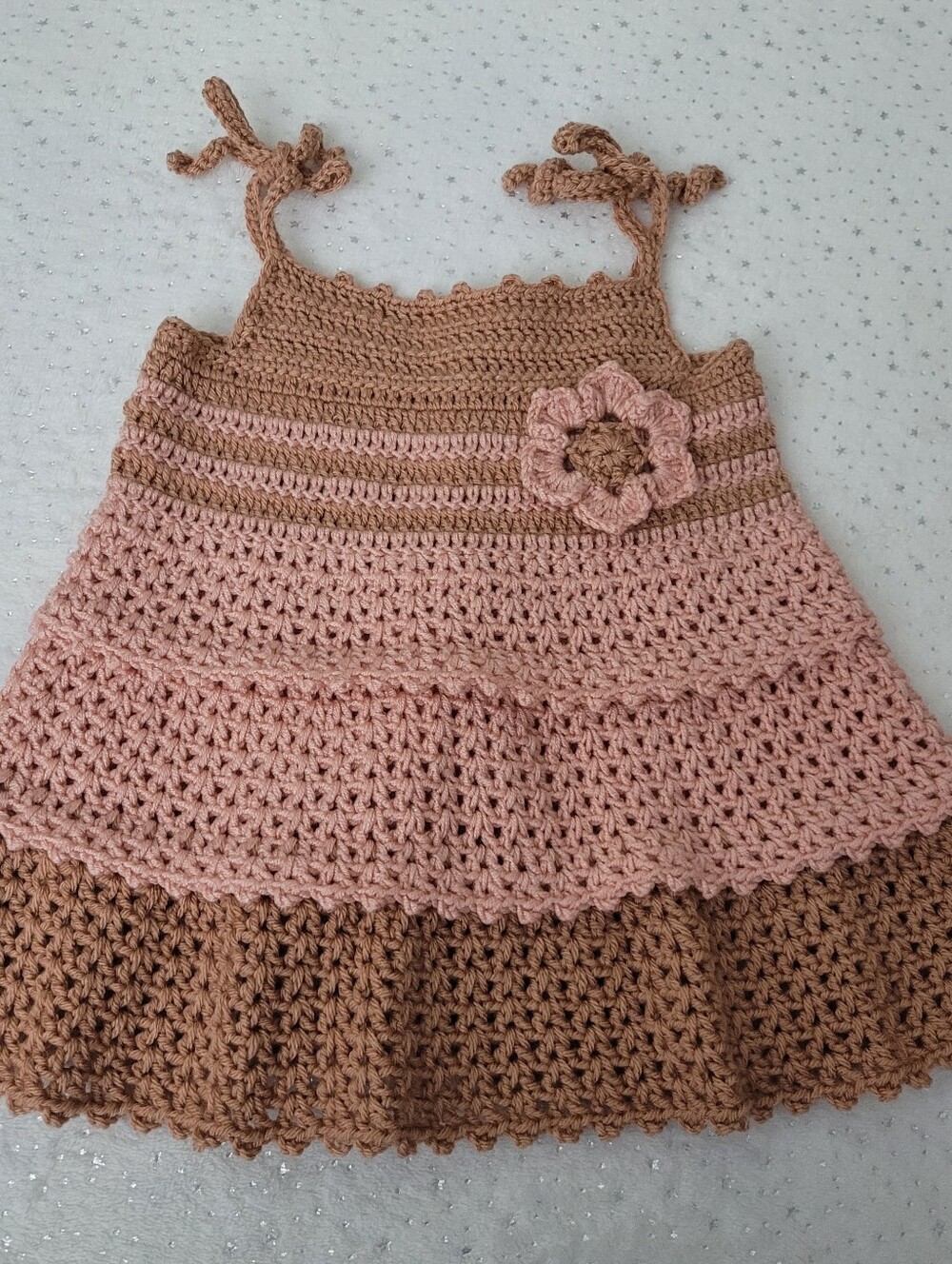 Hand-Crocheted Tiered Sundress in Pink and Brown